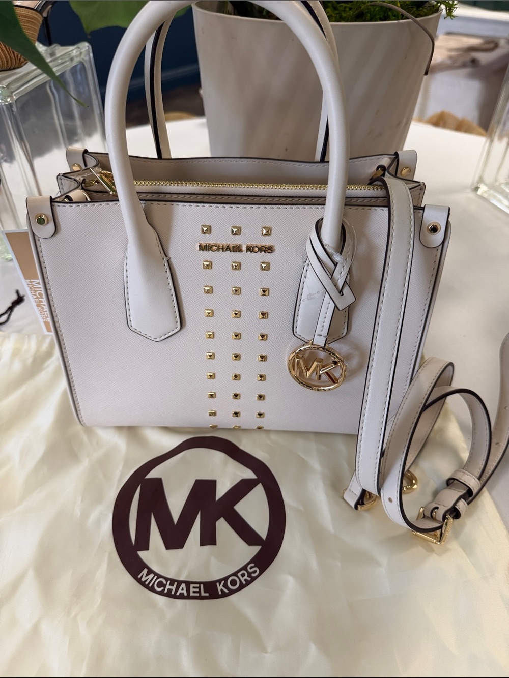 Michael Kors Women's Small Saffiano Leather Stud Satchel in Maple color NWT